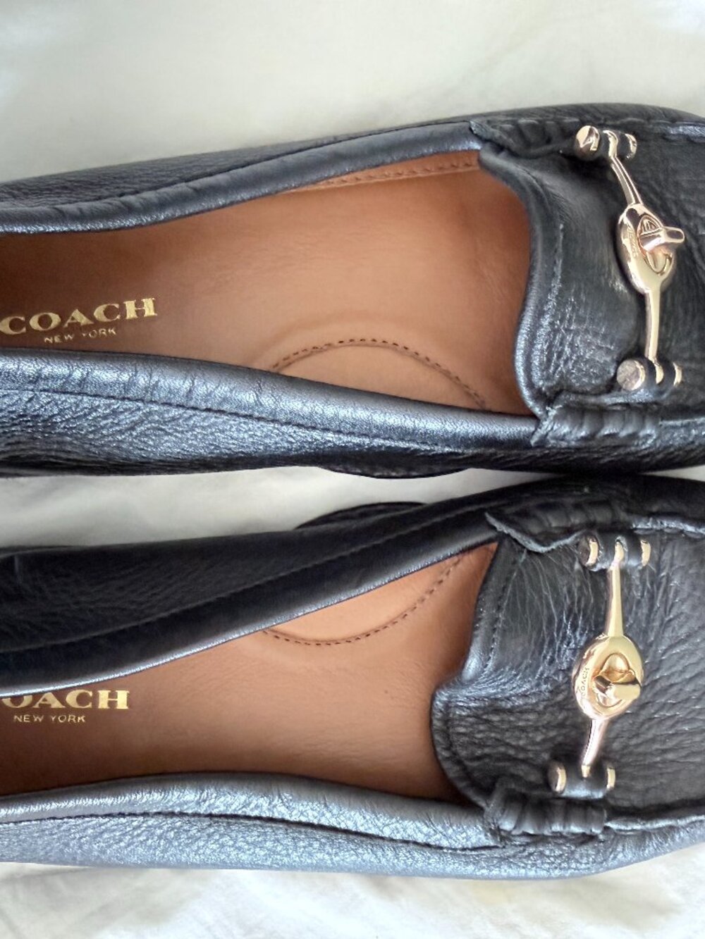 Coach Women’s Black Pebbled Leather Driving Mocs/Loafers with Gold Hardware